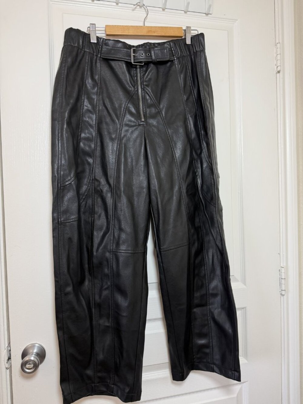 Anthropologie Faux Leather Belted Wide Leg Pants Black Moto Seamed L